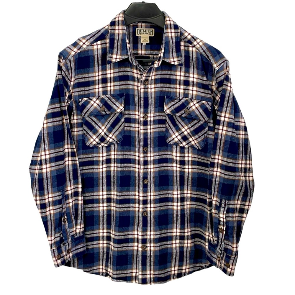 Duluth Trading Co. Flannel men’s XL‎ navy blue, maroon, white & tan plaid shirt